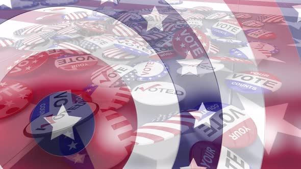 Election badges falling against stars on spinning circles alt