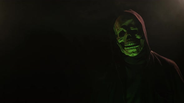 Scary Skeleton skull head figure in a hood for Halloween or horror videos alt