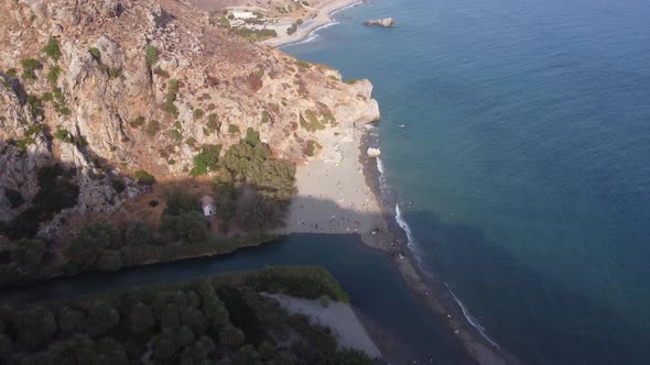 Panorama of Preveli Beach at Libyan Sea River and Palm Forest Southern Crete  Greece