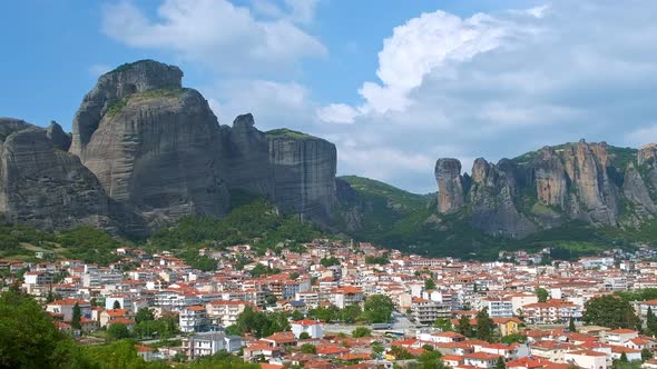 View of Meteora Valley and Cliffs and Kastraki and Kalampaka Villages, Greece - Panning
