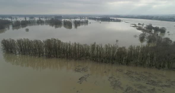 Aerial view of trees in high water in the river Waal, Gelderland, Netherlands. alt