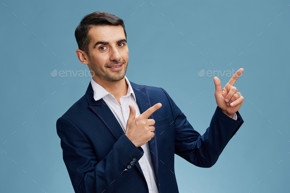 business man in suit pointing fingers population isolated background copy-space office work
