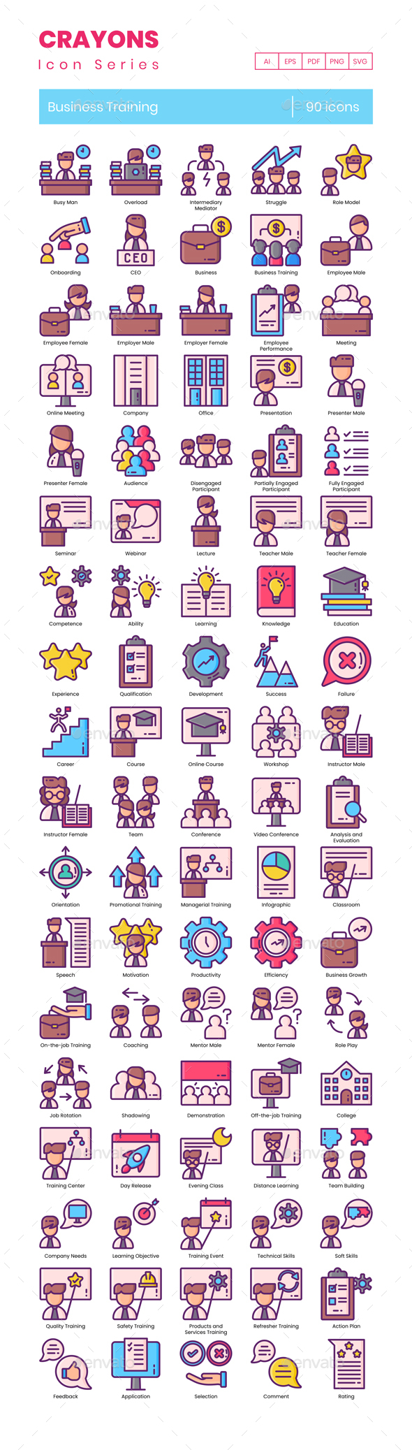 90 Business Training Icons | Crayons Series
