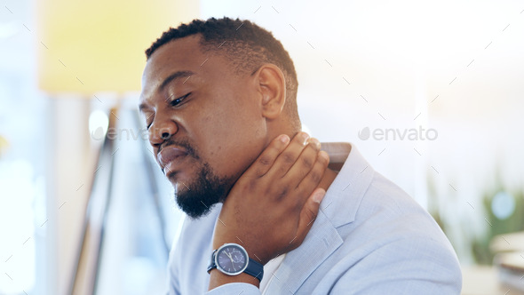 Black man, neck pain and injury at office in stress, pressure or burnout from mistake or anxiety. T