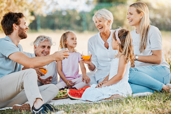 Park Picnic, Laughing And Family Children, Parents And Grandparents 