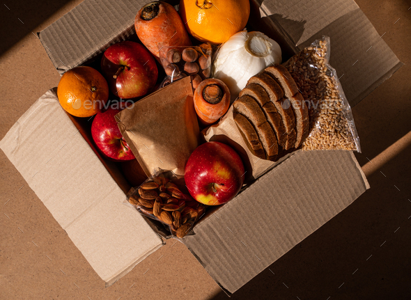 Healthy food delivery flat lay Take away natural products.Donation box New normal online shopping