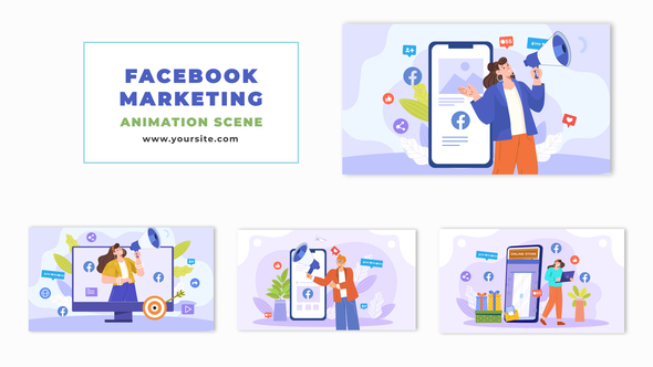 Facebook Marketing Strategy Flat Character Animation Scene