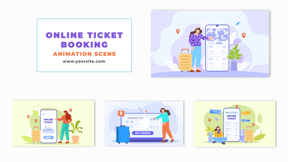 2D Character Design Online Travel Ticket Booking Animation Scene