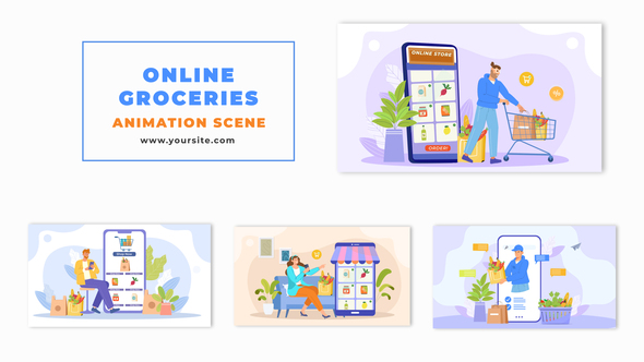 Flat Character Design Grocery Delivery App Animation Scene