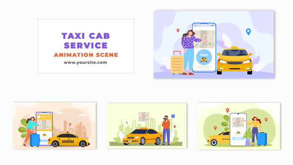 Flat Design 2D Cartoon Taxi Cab Service Animation Scene