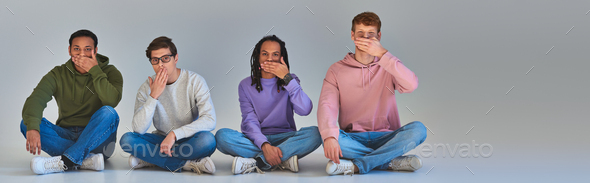 four young friends sitting with crossed legs and covering their mouths, cultural diversity, banner