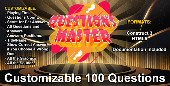 [DOWNLOAD]Customizable Questions Master Game (Construct 3 | C3P | HTML5) Maximum of 100 Questions