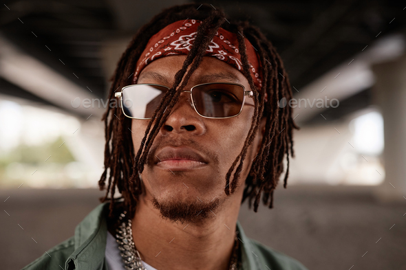 Portrait of African American Rapper Hip-hop Outfit Stock Photo