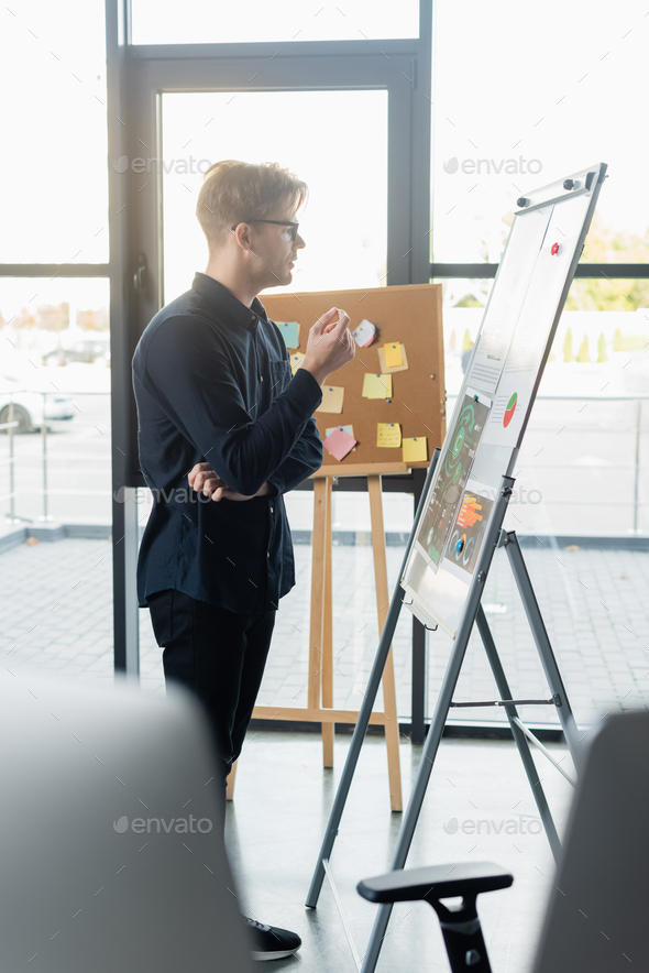 Side view of developer standing near charts on flip chart and board