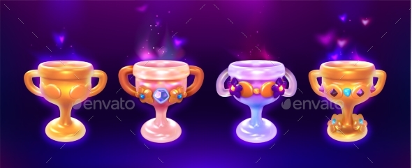 Cartoon Game Trophies Golden Cups with Glowing