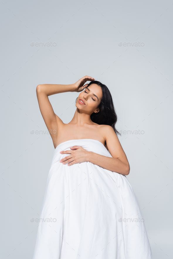 back view of sexy and naked woman isolated on grey Stock Photo by  LightFieldStudios