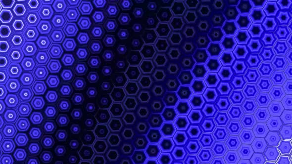 Iridescent blue colors animation background of hexagons. Geometric abstraction