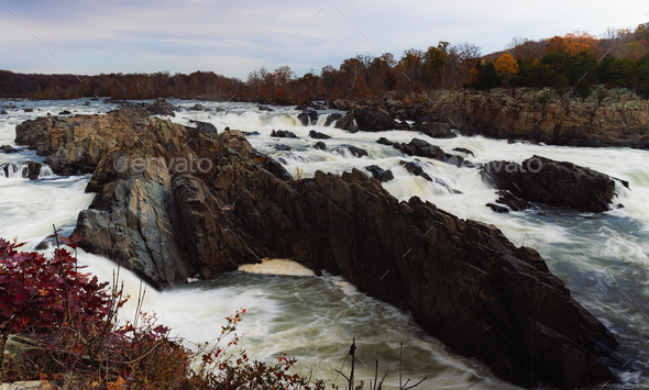 Beautiful shot of a flowing rocky stream in Great Falls National Park, Fairfax County, Virginia