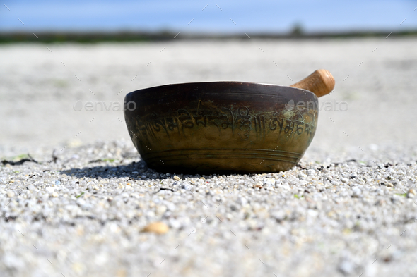 A singing bowl in front of the ocean. English translation of mantras. transform your impure body