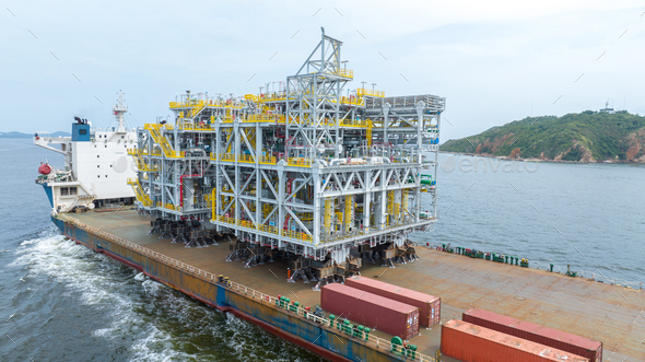 Big Construction on ship. Tender Drilling Oil Rig on Barge Ship ...