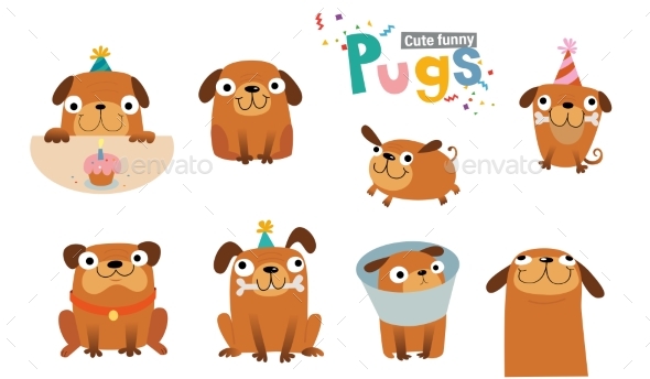 Funny Cartoon Pugs and Design Elements