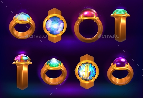 Cartoon Game Magic Rings with Beautiful Gemstones