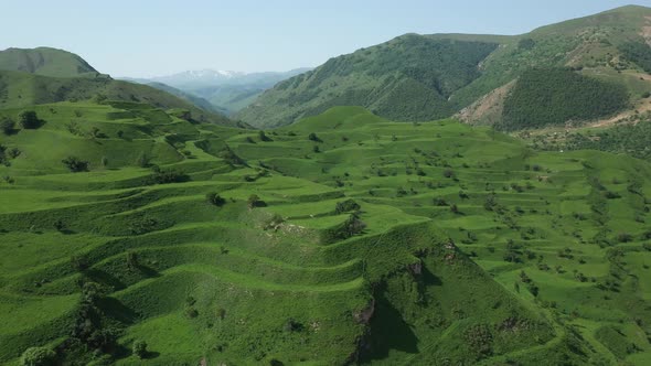 Aerial View of Green Terraces in Dagestan Mountains