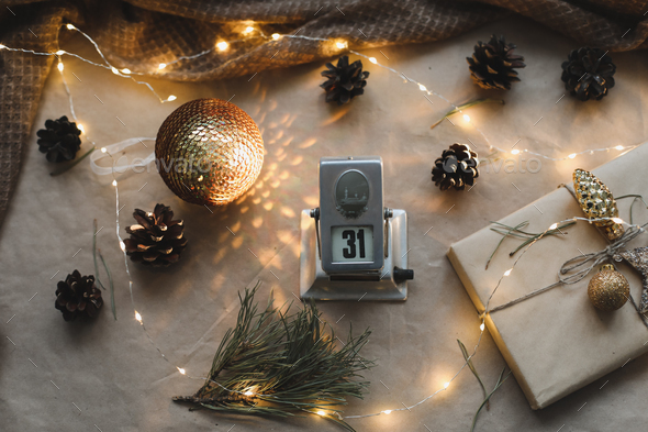 Christmas or New Year composition with fresh tangerines in shopping bag and  word December Stock Photo by paralisart