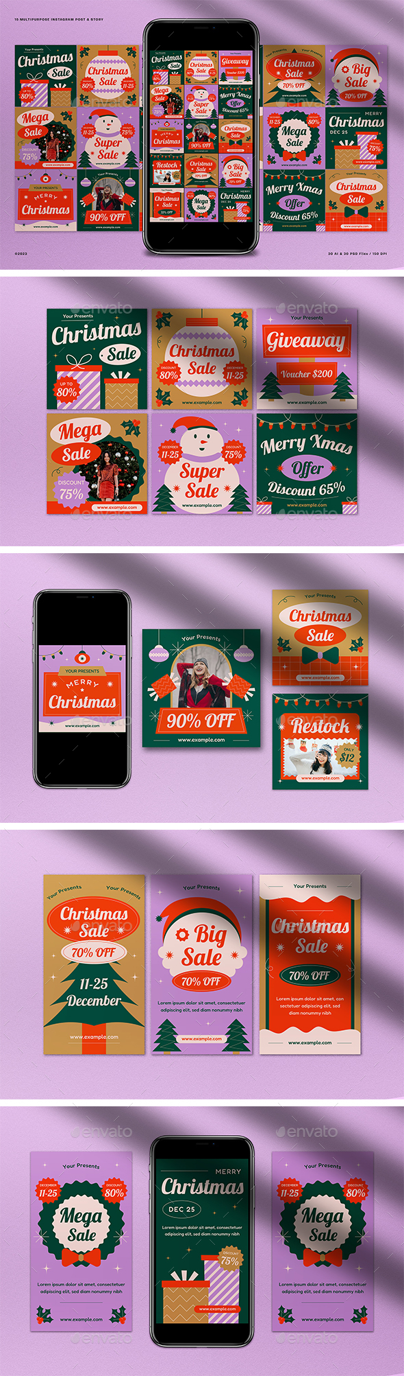 Colorful Flat Design Christmas Sale Instagram Pack