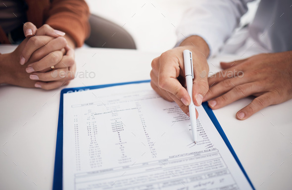 Doctor, hands and writing on documents with patient for life insurance, policy or legal agreement a