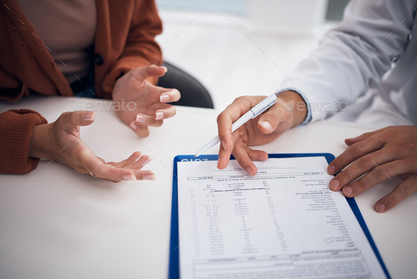 Doctor, hands and documents with patient in consultation for life insurance, policy or legal agreem