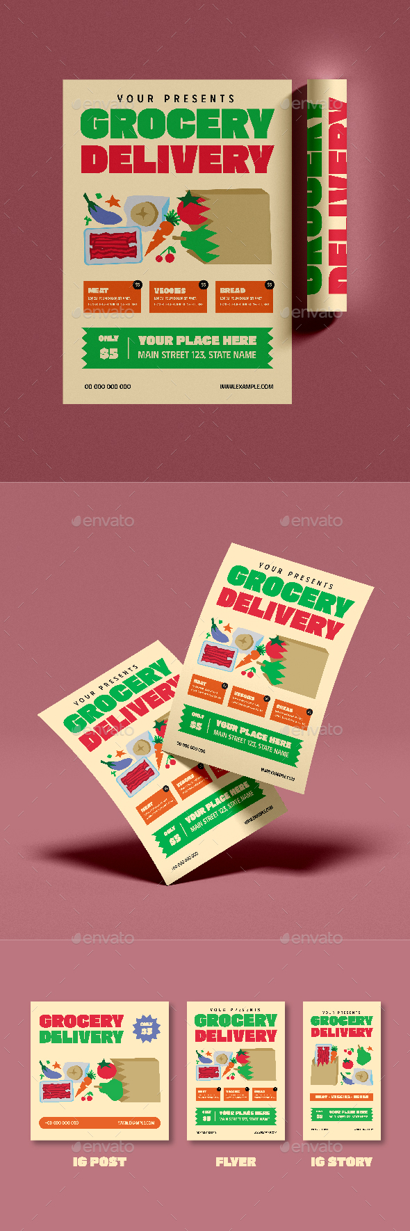 Flat Grocery Delivery Flyer Set