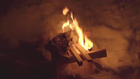 Birch Wood Fire Burns at Night alt