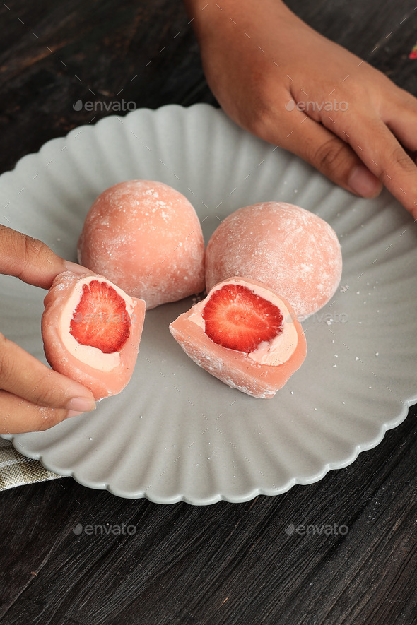 Strawberry Daifuku or Ichigo Daifuku Mochi, Japanese Pink Mochi - Stock Photo - Images