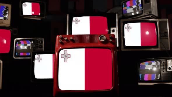 Flag of Malta on Retro TVs. 4K.