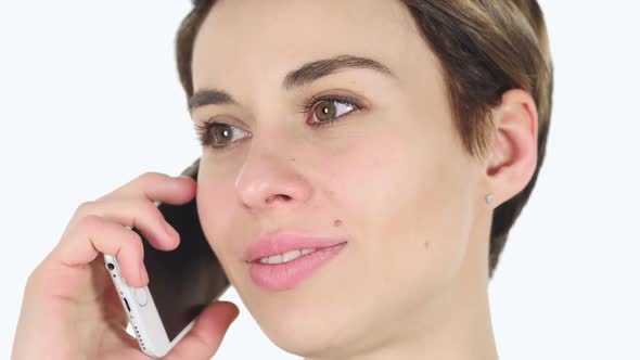Close Up of Woman Talking on Smartphone with Customer alt