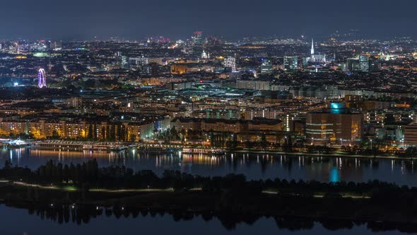 Aerial Panoramic View Over Vienna City with Skyscrapers Historic Buildings and a Riverside Promenade alt
