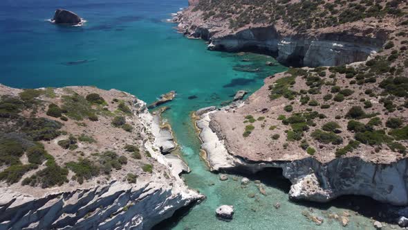 Aerial view on Milos Island and Kleftiko beach, Greece. Idyllic place alt