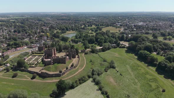 Drone Aerial View West Kenilworth Warwickshire English Market Town And Castle Ruins Spring Season