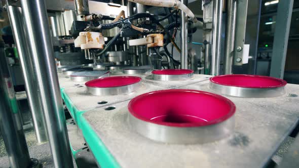 Plastic Containers Are Getting Covered with Foil Pieces. Food Factory Equipment. alt