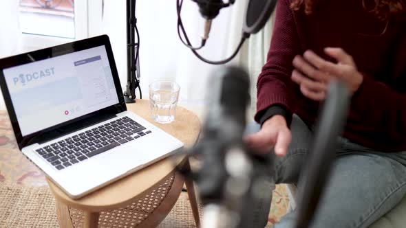 Journalist Host Streaming Radio Podcast Interview with Guest at Home Office alt