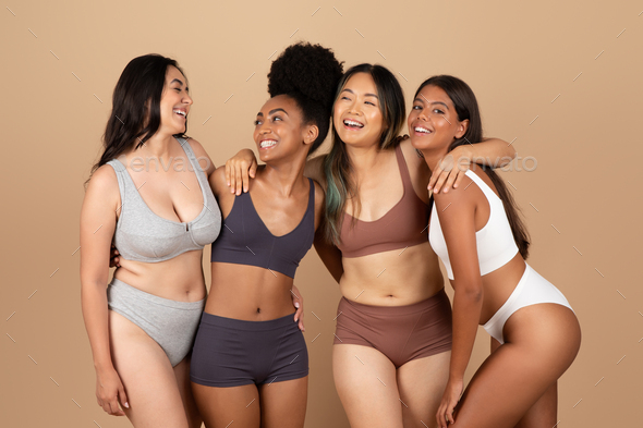 Diverse young women in underwear, embracing beauty Stock Photo by  Prostock-studio