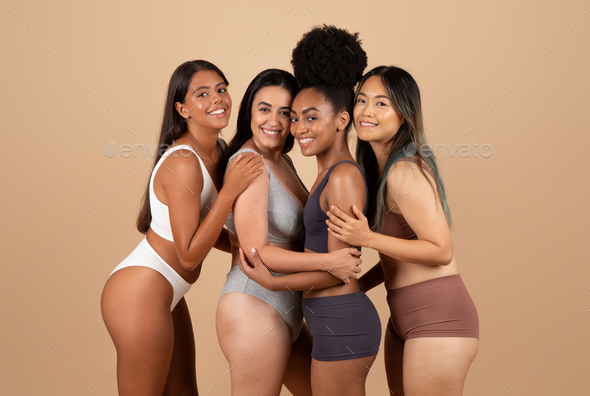 Diverse young women in underwear, embracing beauty Stock Photo by  Prostock-studio