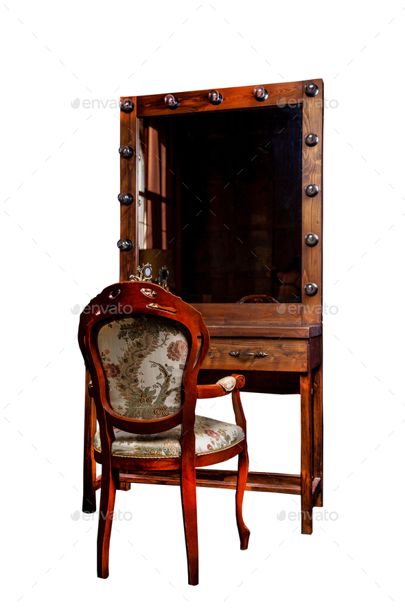 Dressing room mirror table isolated on white background. Wooden chair and table for applying