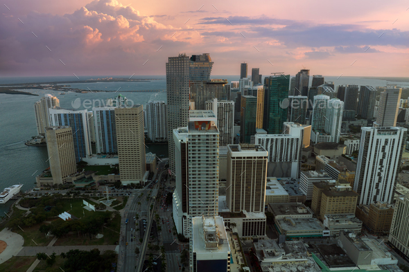 Aerial view of downtown office district of Miami Brickell in Florida, USA at sunset.