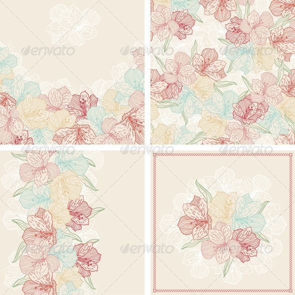 Set of Vintage Flower Patterns and Backgrounds. - Flowers & Plants Nature