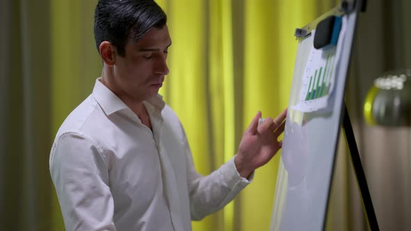 Focused Serious Middle Eastern Man Analyzing Graph on Whiteboard in Home Office alt