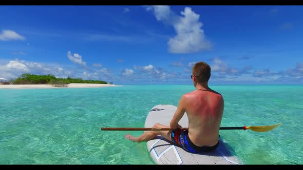 Romantic couple suntan on beautiful tourist beach trip by clear water and white sand background of t alt