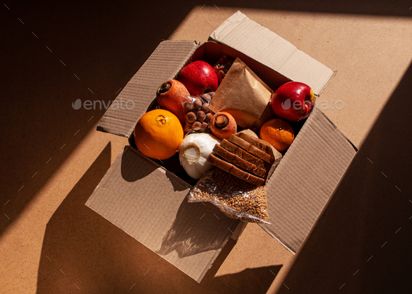 Healthy food delivery flat lay Take away organic products.Donation box New normal online shopping