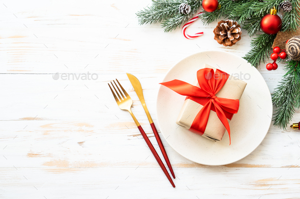 Christmas table with holiday food background. Stock Photo by Nadianb